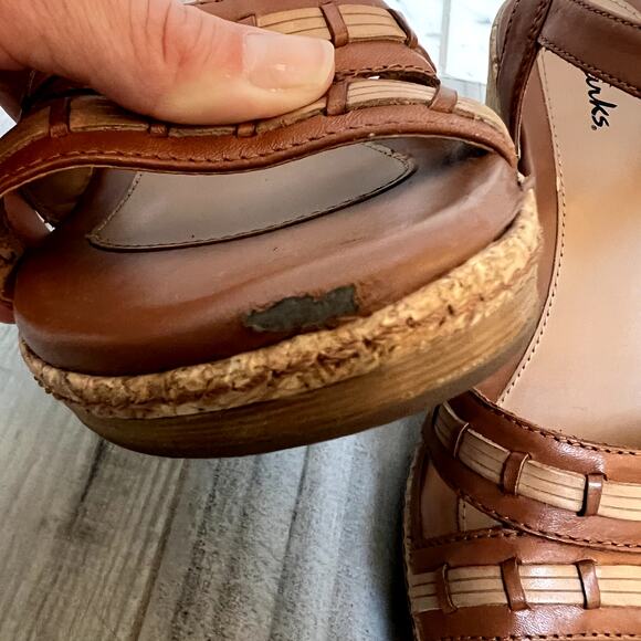 Clarks Pitch Cocoa Wedge Sandal Womens Size 9M Tan Leather Platform Comfort Shoe - Picture 4 of 9